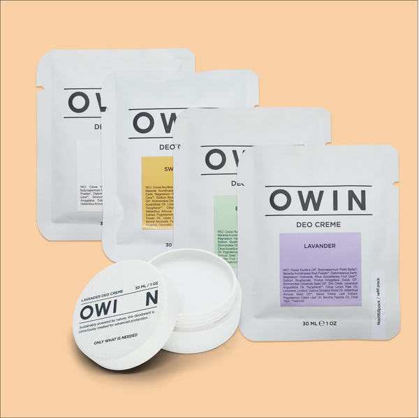 OWIN All Stars Set – Kombination aus Dose und allen vier Nachfüllsorten, 100 % natürliche Inhaltsstoffe für langfristigen Deo-Genuss.