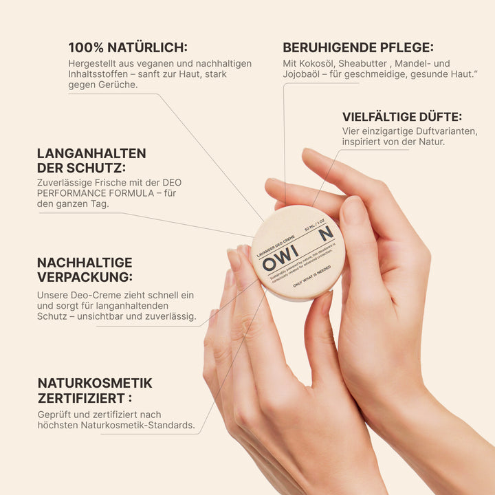 Vorteile der OWIN Nude Deocreme – aluminiumfrei, reizfrei, zertifizierte Pflege ohne ätherische Öle.