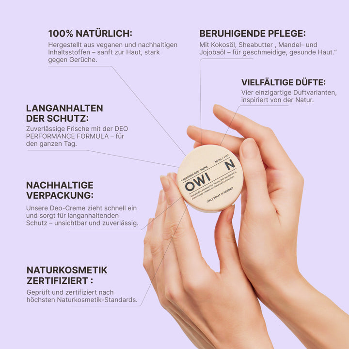 Alle Vorteile der OWIN Lavender Deocreme – vegan, aluminiumfrei, hautberuhigend mit natürlichem Lavendelöl.