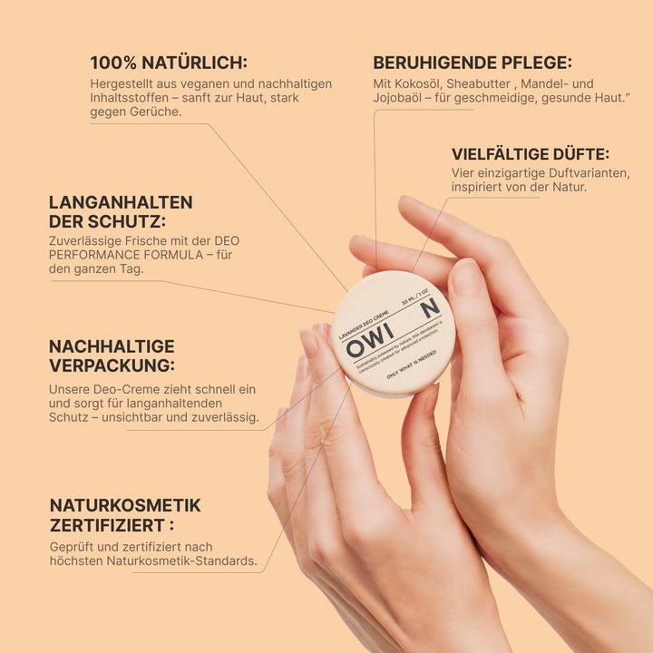 Vorteile der OWIN Deo Creme Sweet Lime – 100 % natürlich, zertifiziert, effektiv gegen Gerüche, ohne Aluminium.