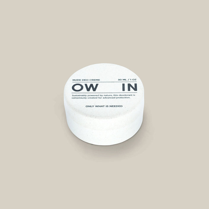 OWIN Nude Deocreme – plastikfreie, geschlossene Dose im naturbelassenen Look, reduziert auf das Wesentliche.