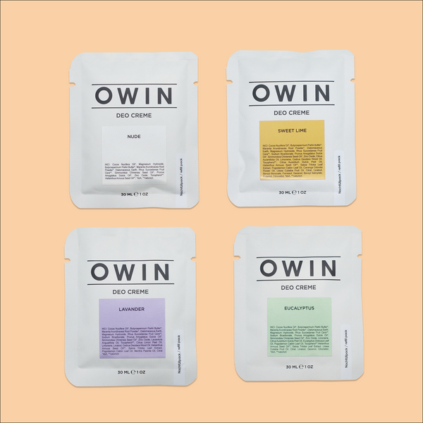 OWIN Pure Refills Set – vier vegane Nachfüllpacks in allen Duftvarianten, zertifizierte Naturkosmetik für nachhaltigen Deo-Schutz.