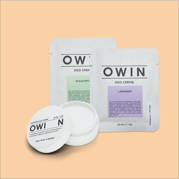 OWIN Refill Duo – zwei natürliche Deo-Nachfüllpacks in beliebten Duftnoten, plastikfrei und klimafreundlich.