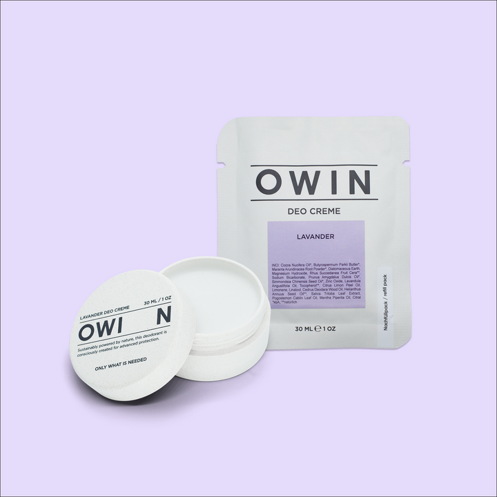 OWIN Starter Set Lavender – natürliche Deo-Creme mit beruhigendem Lavendelduft, inklusive Nachfüllpack, vegan und plastikfrei.